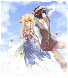  blonde_hair dress flower gundam gundam_seed gundam_seed_destiny purple_eyes shinn_asuka stellar_loussier violet_eyes yuzucoma 