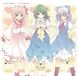  alice_in_wonderland blonde_hair blue_hair blue_hallelujah character_name cirno daiyousei green_hair hat lan_hallelujah lily_white multiple_girls touhou wings 