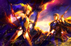  glasses gloves kyouka_hatori pixiv_fantasia pixiv_fantasia_4 polearm sky spear sunset thigh-highs thighhighs warrior weapon 