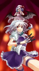  bat_wings braid highres izayoi_sakuya knife maid multiple_girls purple_hair red_eyes remilia_scarlet short_hair sigina silver_hair touhou twin_braids wings 