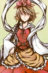  black_hair blonde_hair brown_eyes hair_ornament multicolored_hair nakatani polearm shawl short_hair solo spear tiger_print toramaru_shou touhou two-tone_hair weapon yellow_eyes 