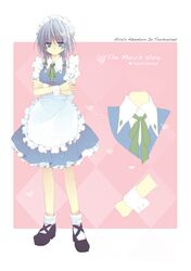  1girl alice_in_wonderland blue_eyes blue_hallelujah braid character_name character_sheet crossover hair_ribbon izayoi_sakuya lan_hallelujah maid maid_headdress ribbon shoes silver_hair socks solo touhou 