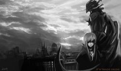  city halloween highres lin+ long_hair monochrome original witch 