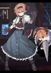  bad_id blonde_hair blue_eyes boots bow doll dress fuurin_(omaemona) gloves shanghai_doll short_hair skull touhou 