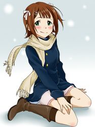  blush boots coat e-n green_eyes idolmaster scarf short_hair winter_clothes 