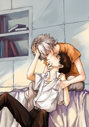  2boys black_hair closed_eyes kiss multiple_boys nagisa_kaworu neon_genesis_evangelion red_eyes short_hair silver_hair yaoi 