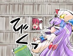  2girls absurdres book bookshelf crescent dress hair_ribbon hat head_wings highres koakuma long_hair multiple_girls patchouli_knowledge purple_hair redhead ribbon shinapuu surprised touhou 