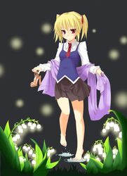  blonde_hair feet flower highres lily_of_the_valley necktie original red_eyes sabaku_kouchi skirt solo water 