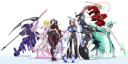  6+girls breasts highres huge_breasts large_breasts long_hair mnjs multiple_girls original polearm scythe simple_background sword under_boob weapon white_background 