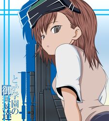  barrett_m82 brown_hair empty_eyes gun head_mounted_display highres looking_back misaka_imouto rifle school_uniform sniper_rifle solo to_aru_kagaku_no_railgun to_aru_majutsu_no_index weapon 