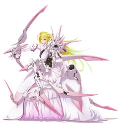  1girl absurdres blonde_hair blue_eyes bow_(weapon) dress highres long_hair mnjs original simple_background solo weapon white_background white_dress 