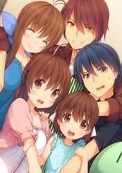  blue_hair brown_hair clannad dango_daikazoku dutch_angle family furukawa_akio furukawa_nagisa furukawa_sanae grin happy okazaki_tomoya okazaki_ushio red_eyes siva_(executor) smile 