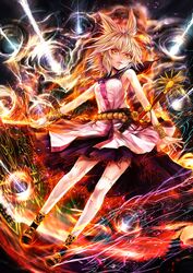  1girl arm_up belt blonde_hair bracelet headphones highres jewelry kazabana_kazabana looking_at_viewer ritual_baton skirt sleeveless sleeveless_shirt solo sword touhou toyosatomimi_no_miko weapon yellow_eyes 