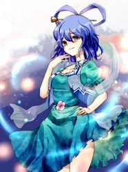  artist_request dress hair_rings hand_on_hip kaku_seiga puffy_sleeves shawl short_hair smile solo thighs touhou vest 