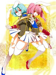  animal_ears bad_id boots bunny_ears pink_hair rabbit_ears red_eyes siesta410 siesta45 siesta_sisters skirt thighhighs twintails umineko_no_naku_koro_ni 