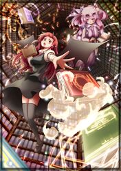  bat_wings book hands hat head_wings headwings highres koakuma legs leo_hariyoru long_hair maali octagram patchouli_knowledge purple_eyes purple_hair red_eyes red_hair redhead star_of_lakshmi touhou violet_eyes voile wings 
