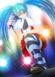  aqua_eyes aqua_hair hatsune_miku highres latex long_hair microphone necktie nerisu skirt solo thigh-highs thighhighs twintails vocaloid 