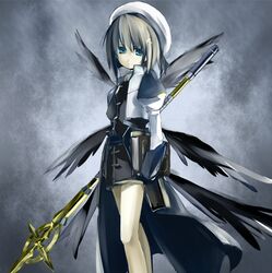  book brown_hair hair_ornament hat mahou_shoujo_lyrical_nanoha mahou_shoujo_lyrical_nanoha_a's mahou_shoujo_lyrical_nanoha_a's mahou_shoujo_lyrical_nanoha_strikers schwertkreuz solo staff tome_of_the_night_sky wagashi wagashi_(okashina) wings yagami_hayate 