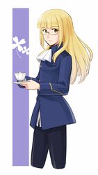  1girl blonde_hair cravat cup glasses long_hair pantyhose perrine_h_clostermann rikizo semi-rimless_glasses smile solo strike_witches teacup under-rim_glasses uniform yellow_eyes 