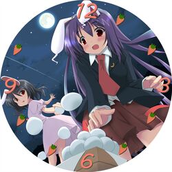  2girls :p black_hair blazer bunny_ears carrot clock dress eimaisaki food inaba_tewi mochi moon necktie purple_hair rabbit_ears red_eyes reisen_udongein_inaba skirt tongue touhou wagashi yuki.a 