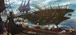  city cloud flag galley gun military military_uniform noba ocean pixiv pixiv_fantasia pixiv_fantasia_4 ship sky sword uniform water weapon 