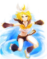  blonde_hair blue_eyes centimetre crop_top detached_sleeves hair_ornament hairband hairclip highres kagamine_rin leg_warmers lips midriff navel sailor_collar short_hair shorts solo vocaloid 