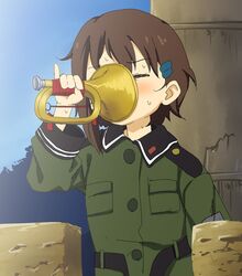  blush broiler brown_hair bugle bulge failure hair_ornament hairclip military military_uniform payot pinky_out short_hair sora_no_woto sorami_kanata sweat uniform you're_doing_it_wrong 