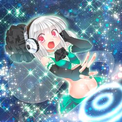  1girl adapted_costume ascot bare_shoulders elbow_gloves fingerless_gloves gloves hair_ribbon headphones ko_ru_ri konpaku_youmu konpaku_youmu_(ghost) nail_polish navel open_mouth red_eyes ribbon silver_hair skirt smile solo sparkle touhou 