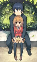  aisaka_taiga blue_hair brown_eyes brown_hair from_above latex legs long_hair looking_up lvans palmtop_tiger school_uniform takasu_ryuuji thigh-highs thighhighs tiger toradora! 