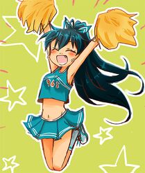 black_hair earrings ganaha_hibiki idolmaster jewelry long_hair pom_poms ponytail smile 