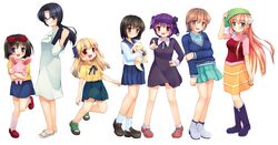  6+girls arakawa_(elfen_lied) black_hair blonde_hair blue_eyes blue_hair blush breasts brown_eyes cardigan dog dress elfen_lied glasses hat highres horns kanae_(elfen_lied) labcoat long_hair long_skirt long_sleeves lucy mariko_(elfen_lied) mayu_(elfen_lied) multiple_girls nana_(elfen_lied) pink_hair rabbit red_eyes school_uniform serafuku short_hair short_sleeves skirt smile stuffed_animal stuffed_toy vest violet_eyes wanta yayoi_(pipi) yuka_(elfen_lied) 