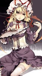  bad_id blonde_hair breasts cleavage corset fan hat long_hair riku_(wana) solo thigh-highs thighhighs tongue touhou umbrella yakumo_yukari 