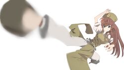  braid china_dress chinese_clothes clenched_teeth fighting_stance foreshortening hat hong_meiling kick kicking long_hair mieharu motion_blur open_mouth perspective red_hair redhead simple_background touhou twin_braids 