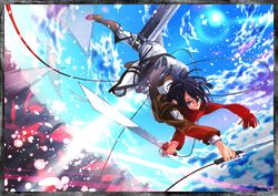  black_hair blue_eyes boots dual_wielding jacket mikasa_ackerman scarf shingeki_no_kyojin sorairo8nanairo sword thigh_strap weapon 