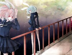  blue_hair bunny_ears pink_hair rabbit_ears red_eyes school_uniform serafuku short_hair siesta410 siesta45 siesta_sisters toukoku_sasaiko twintails umineko_no_naku_koro_ni 