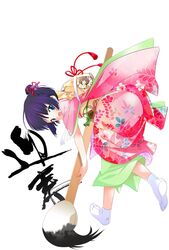  ass bent_over blush calligraphy_brush child feet giant_brush giant_paintbrush green_eyes highres ikoku_meiro_no_croisee japanese_clothes kimono looking_back paintbrush purple_hair socks tabi yune_(ikoku_meiro_no_croisee) 