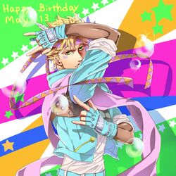  1boy almightyx124 blonde_hair blue_jacket bubble caesar_anthonio_zeppeli facial_mark fingerless_gloves gloves green_eyes headband jacket jojo_no_kimyou_na_bouken scarf solo 