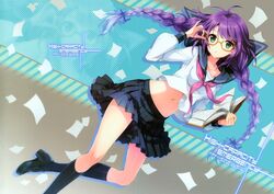  absurdres artist_request book braid character_request glasses green_eyes highres kneehighs long_hair navel purple_hair ribbon school_uniform serafuku twin_braids twintails wind_lift 
