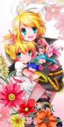  :< aqua_eyes blonde_hair efu flower hair_ornament hair_ribbon hairclip hatsune_miku headphones headset highres kagamine_len kagamine_rin kaito megurine_luka meiko minigirl o_o ribbon short_hair siblings smile twins vocaloid 