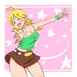  ahoge breasts cleavage green_eyes hoshii_miki midriff natsumi_hajime skirt wink 