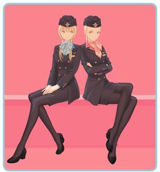  blonde_hair calanthe_(artist) claymore crossed_arms crossed_legs cynthia cynthia_(claymore) hat multiple_girls pantyhose rounded_corners scarf sitting smile stewardess veronica 