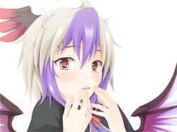  hands hands_on_own_face head_wings headwings horns multicolored_hair ogami_kazuki red_eyes short_hair solo tokiko_(touhou) touhou wings 