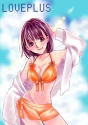  bikini breasts brown_eyes brown_hair cleavage front-tie_top love_plus mole rio_ayas short_hair swimsuit 
