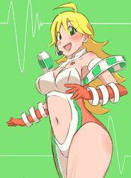  blonde_hair breasts cleavage elbow_gloves gloves green_eyes hoshii_miki idolmaster microphone natsumi_hajime navel 