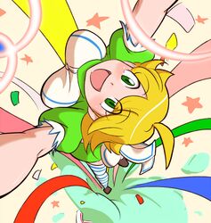  blonde_hair green_eyes hoshii_miki idolmaster natsumi_hajime striped striped_legwear striped_thighhighs thigh-highs thighhighs 