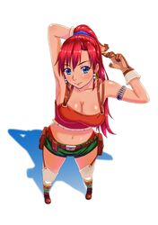  1girl armband armpits bellows_(suisei_no_gargantia) belt blue_eyesbreasts breasts cleavage garter_straps highres midriff navel ponytail redhead shadow short_shorts shorts simple_background suisei_no_gargantia suspenders tank_top thigh-highs white_legwear 