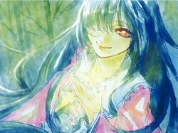  1girl astatine black_hair hair_over_one_eye hands_together houraisan_kaguya red_eyes smile touhou 