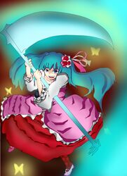  blue_eyes blue_hair butterfly furudo_erika hair_ornament long_hair scythe twintails umineko_no_naku_koro_ni 