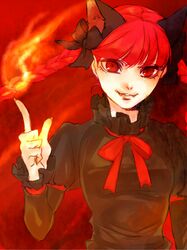  1girl animal_ears astatine braid cat_ears extra_ears fangs fire flame kaenbyou_rin long_hair pointing red red_eyes redhead ribbon slit_pupils smirk solo touhou twin_braids 
