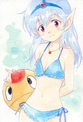  1girl agahari bikini blue_hair bosco_adventure elf jewelry necklace pointy_ears princess_apricot swimsuit violet_eyes 